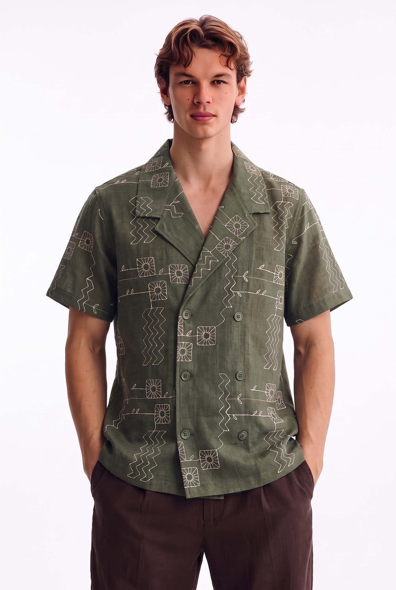 Men's Premium Double-Breasted Printed Cuban Collar Shirt