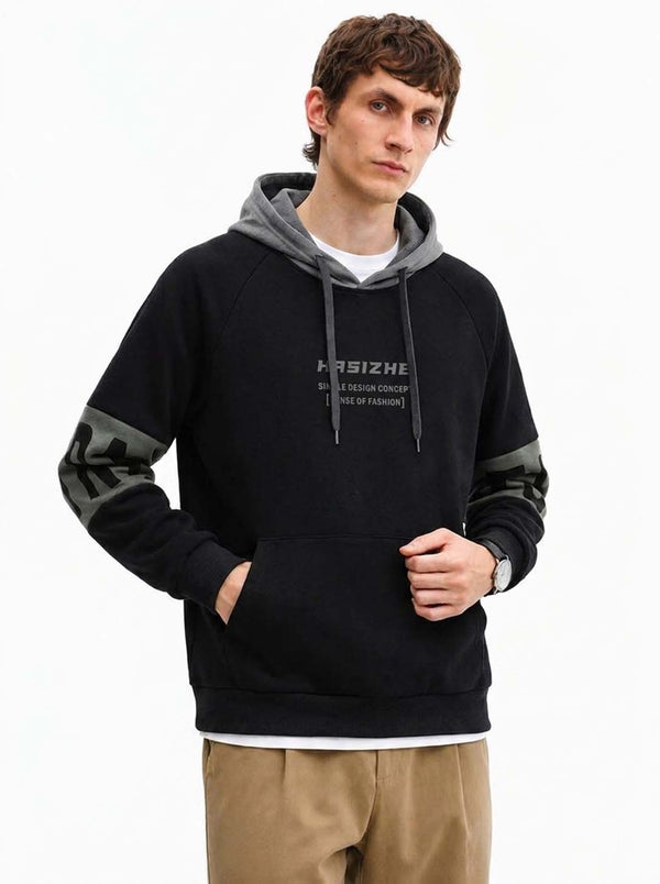 Men's Premium Casual Hooded Sweatshirt with Contrast Sleeve Design & Front Pocket