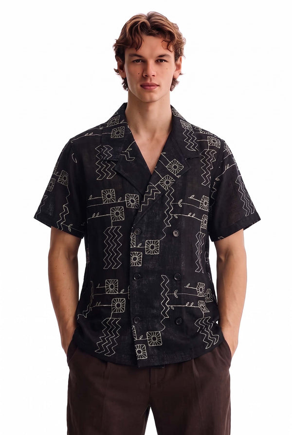 Men's Premium Double-Breasted Printed Cuban Collar Shirt