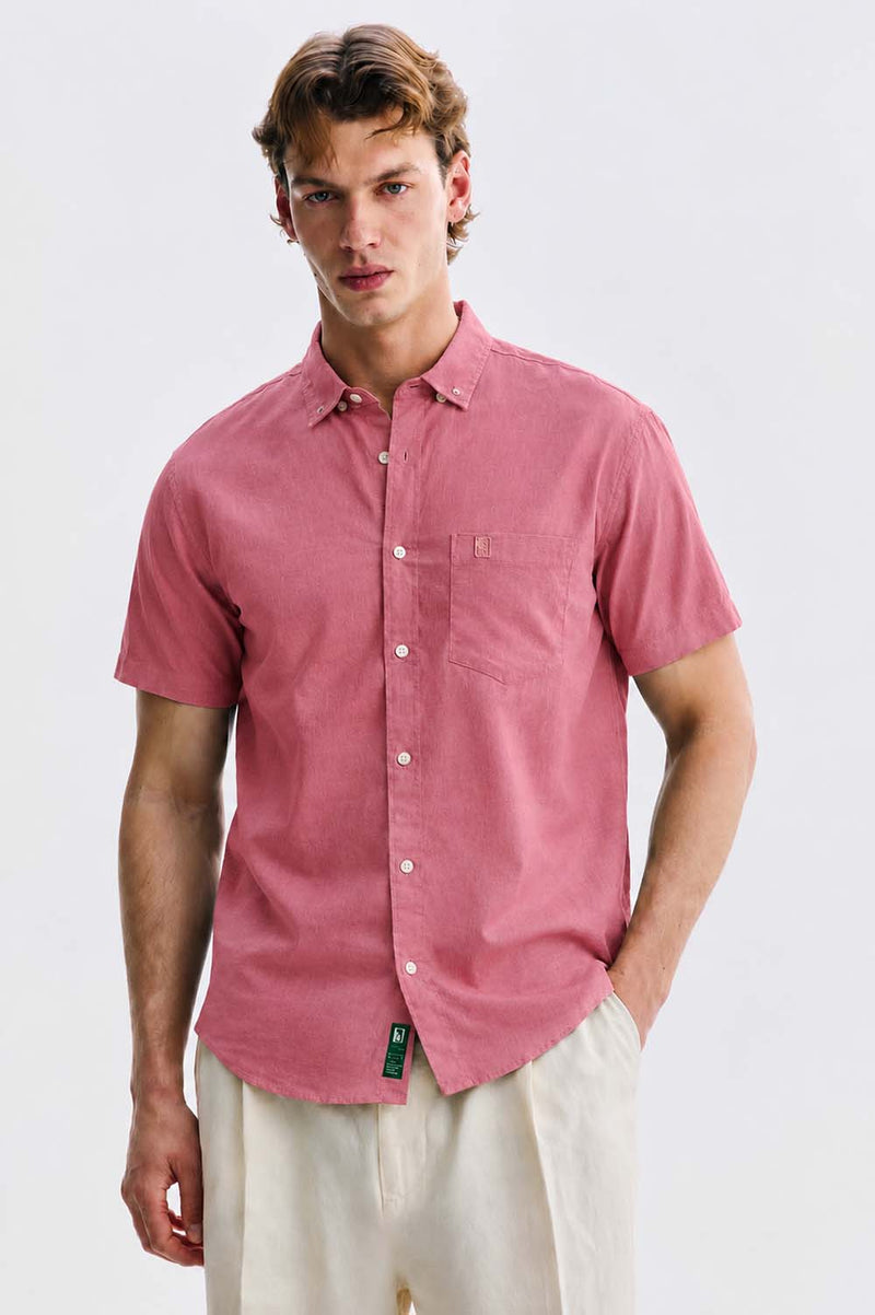 Men’s Linen-Cotton Short Sleeve Button-Down Shirt with Chest Pocket