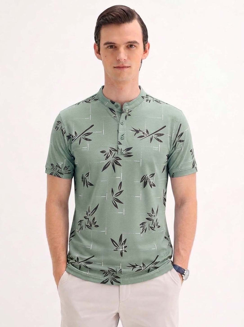 Men's Premium Printed Mandarin Collar Henley T-Shirt