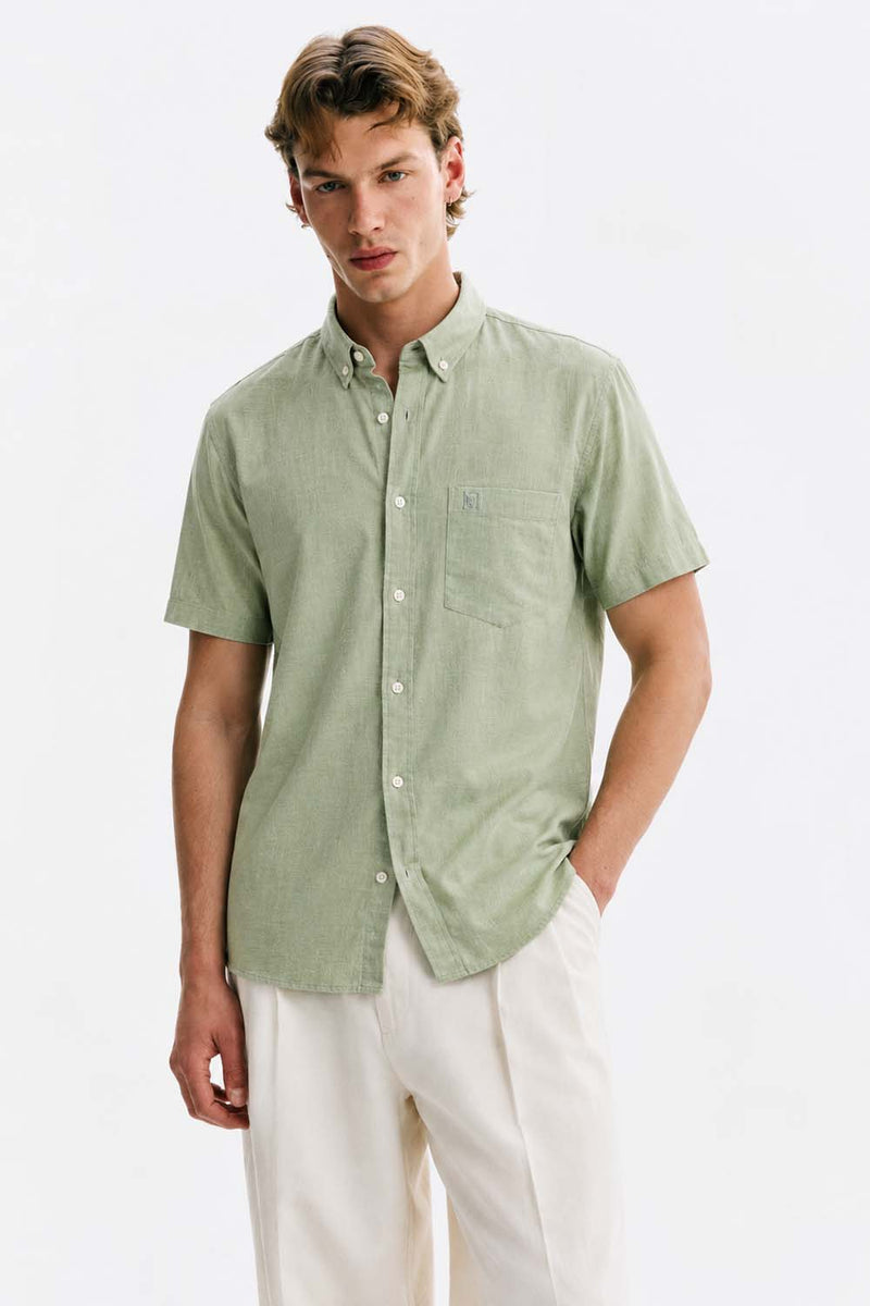Men’s Linen-Cotton Short Sleeve Button-Down Shirt with Chest Pocket