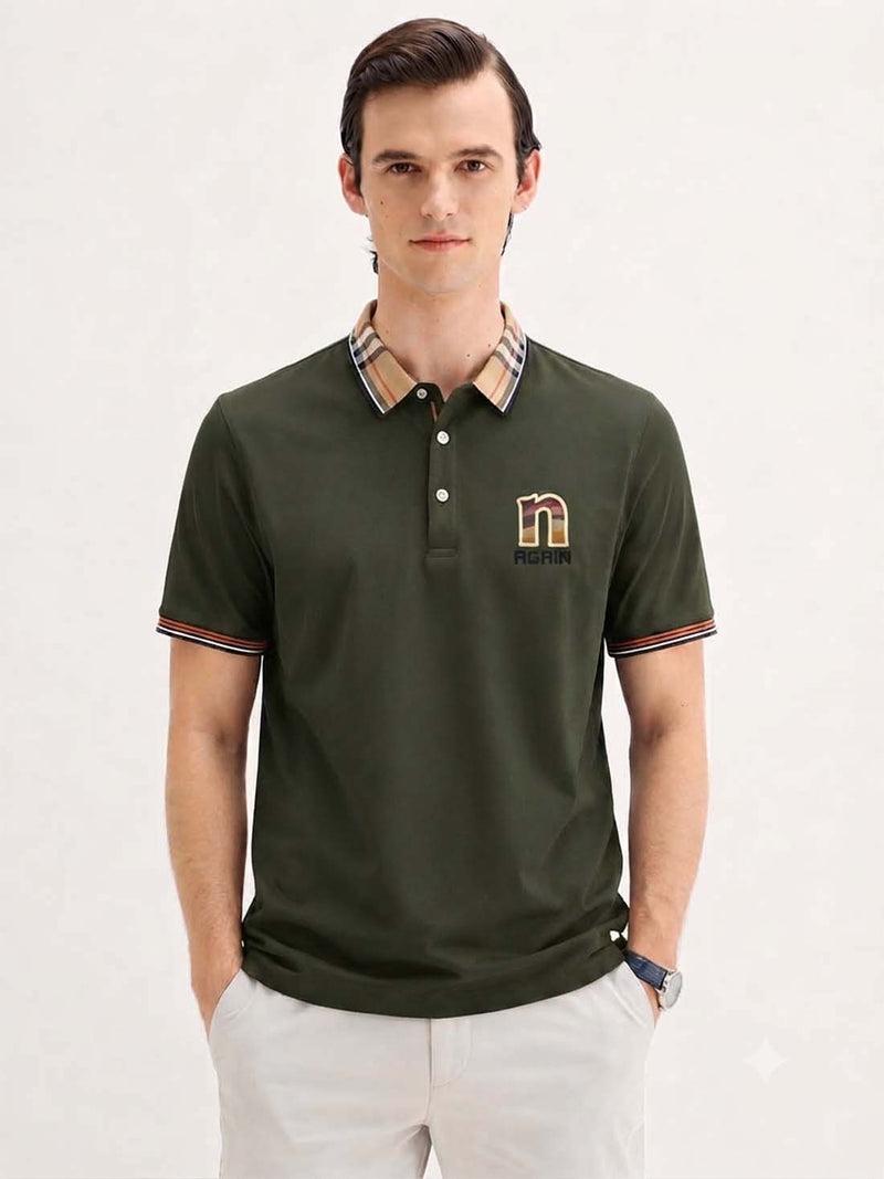 Men’s Premium Cotton Polo Shirt with Contrast Plaid Collar T-shirt