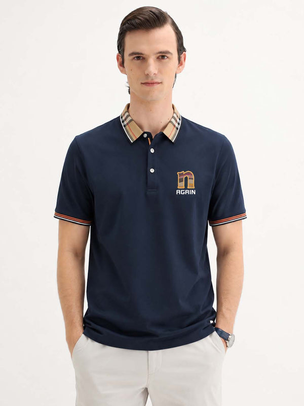 Men’s Premium Cotton Polo Shirt with Contrast Plaid Collar T-shirt