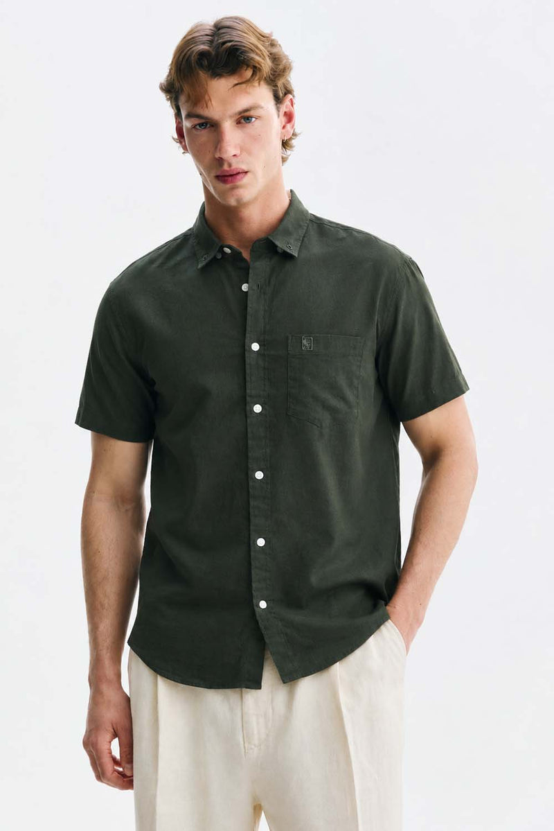 Men’s Linen-Cotton Short Sleeve Button-Down Shirt with Chest Pocket