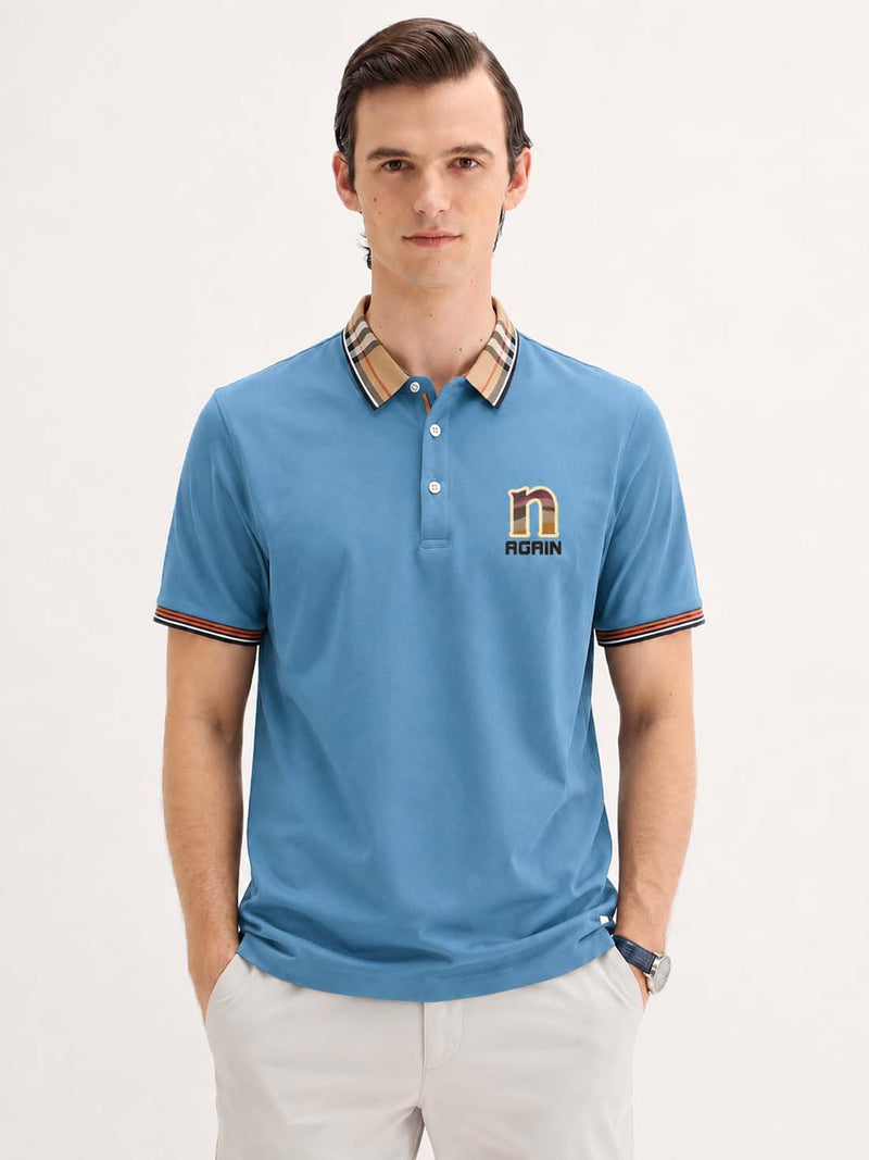 Men’s Premium Cotton Polo Shirt with Contrast Plaid Collar T-shirt