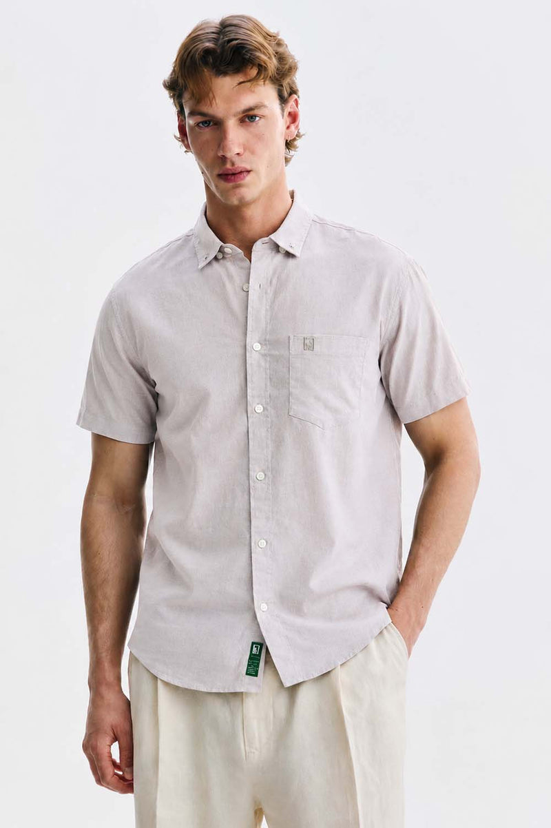 Men’s Linen-Cotton Short Sleeve Button-Down Shirt with Chest Pocket