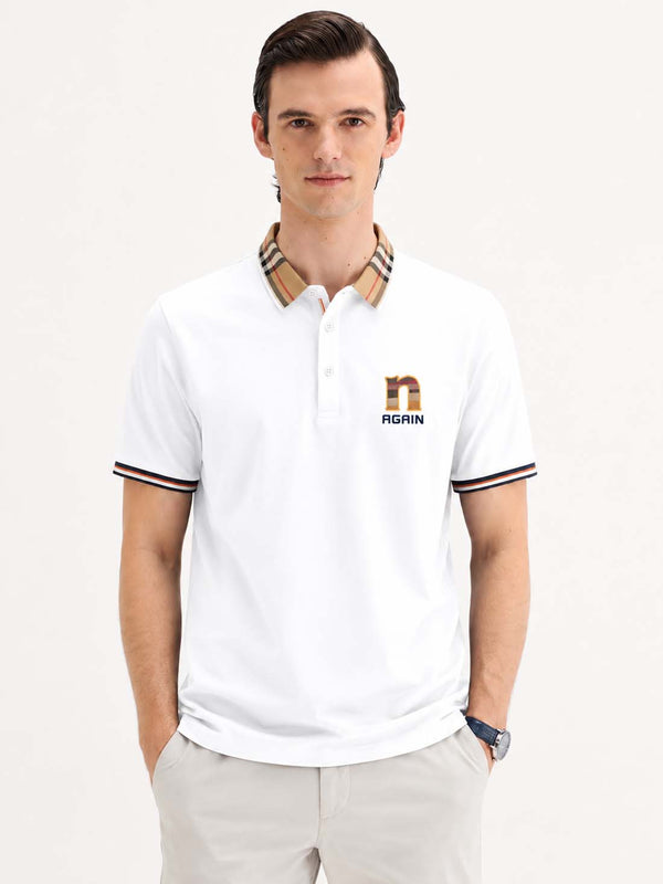 Men’s Premium Cotton Polo Shirt with Contrast Plaid Collar T-shirt