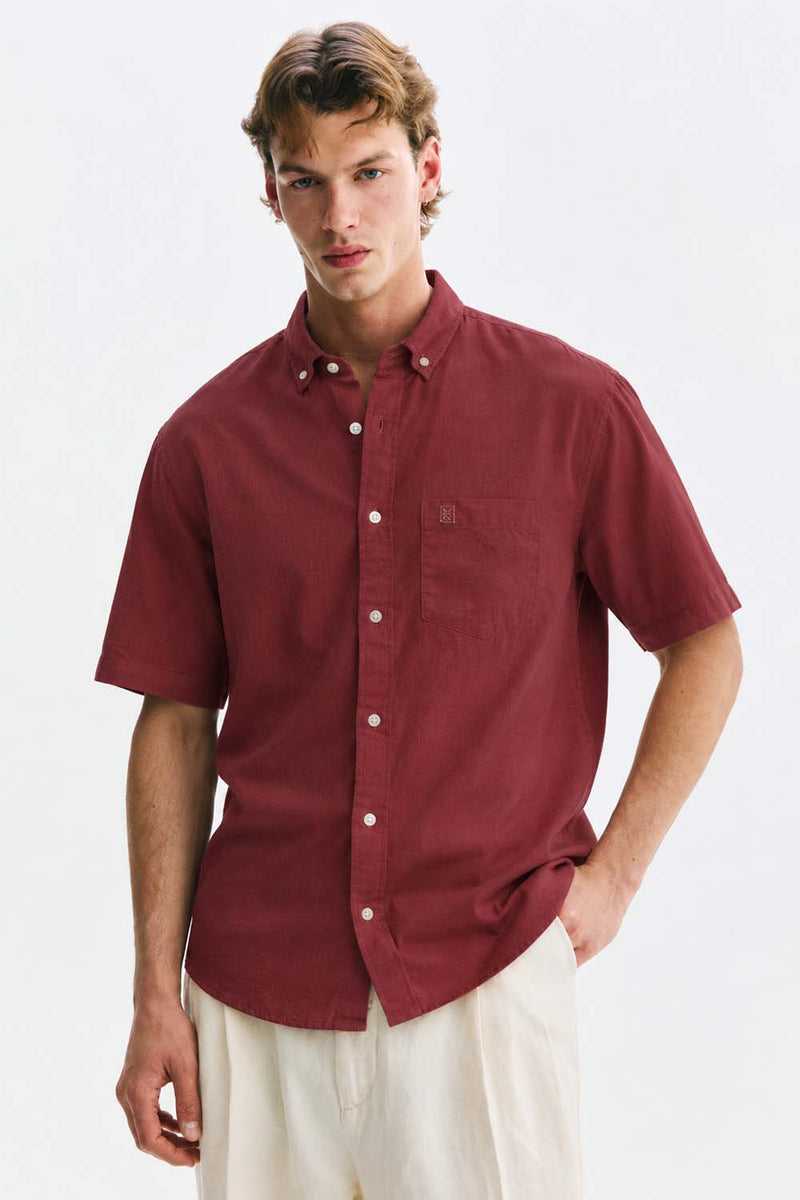 Men’s Linen-Cotton Short Sleeve Button-Down Shirt with Chest Pocket