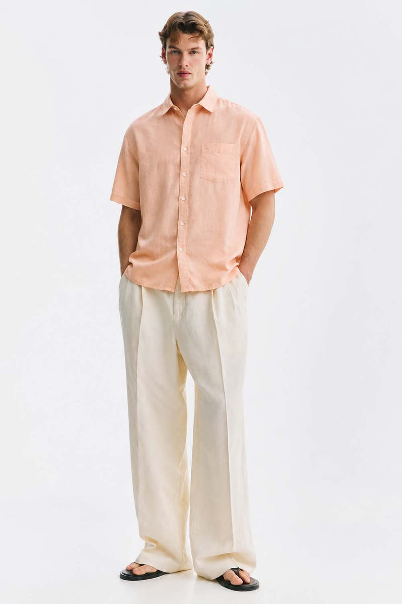Men’s Linen-Cotton Short Sleeve Button-Down Shirt with Chest Pocket