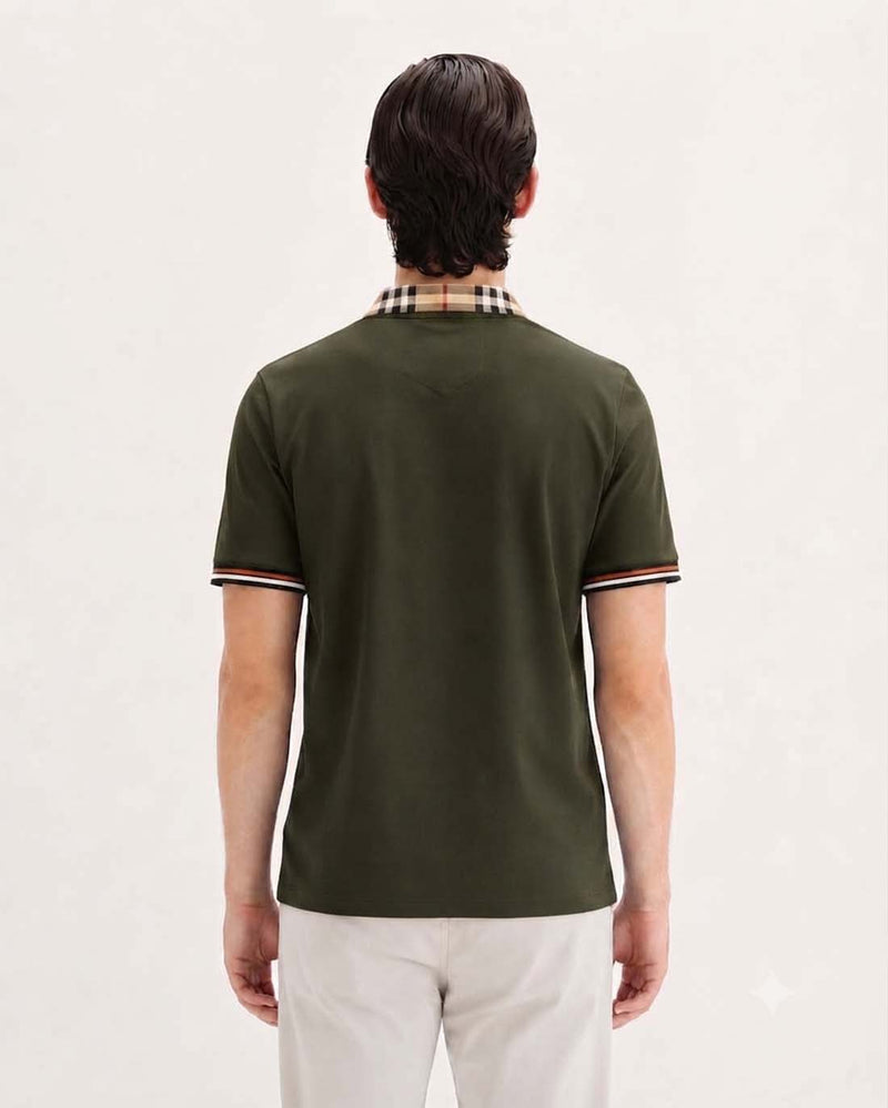 Men’s Premium Cotton Polo Shirt with Contrast Plaid Collar T-shirt
