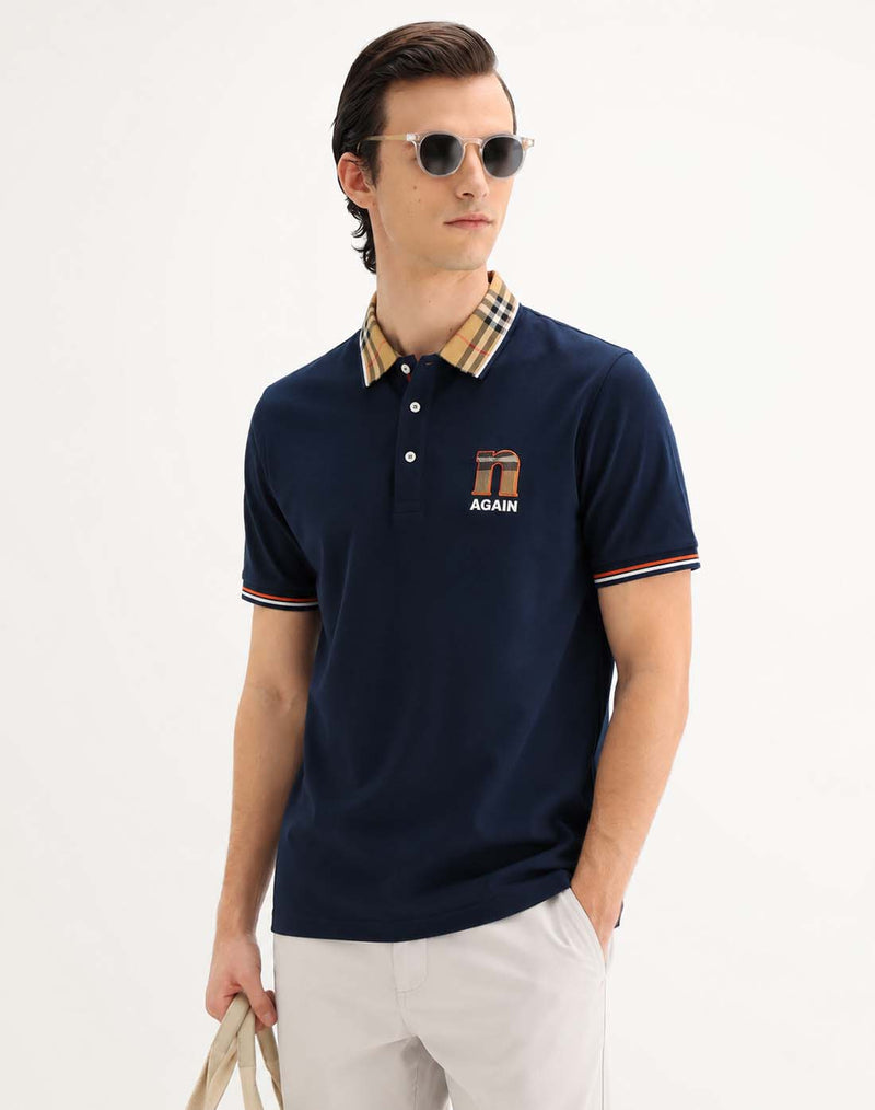 Men’s Premium Cotton Polo Shirt with Contrast Plaid Collar T-shirt