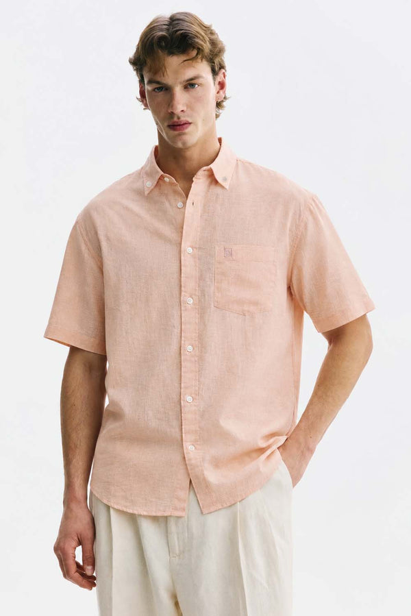 Men’s Linen-Cotton Short Sleeve Button-Down Shirt with Chest Pocket