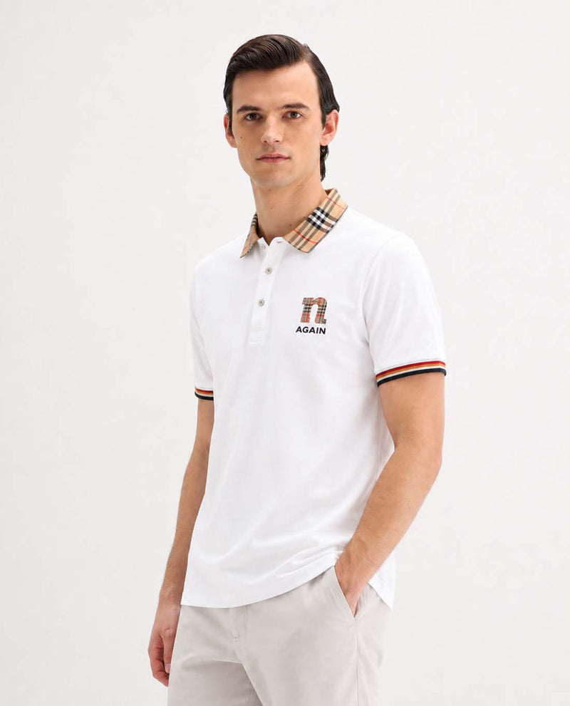 Men’s Premium Cotton Polo Shirt with Contrast Plaid Collar T-shirt