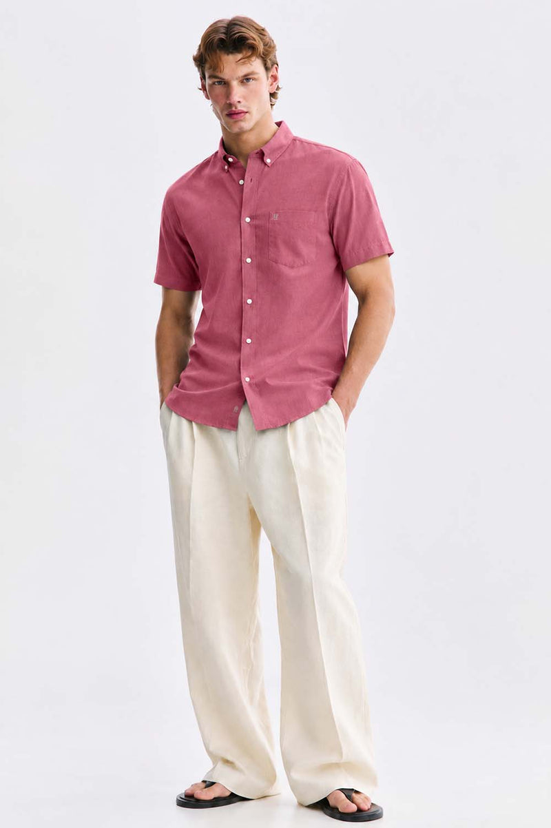 Men’s Linen-Cotton Short Sleeve Button-Down Shirt with Chest Pocket