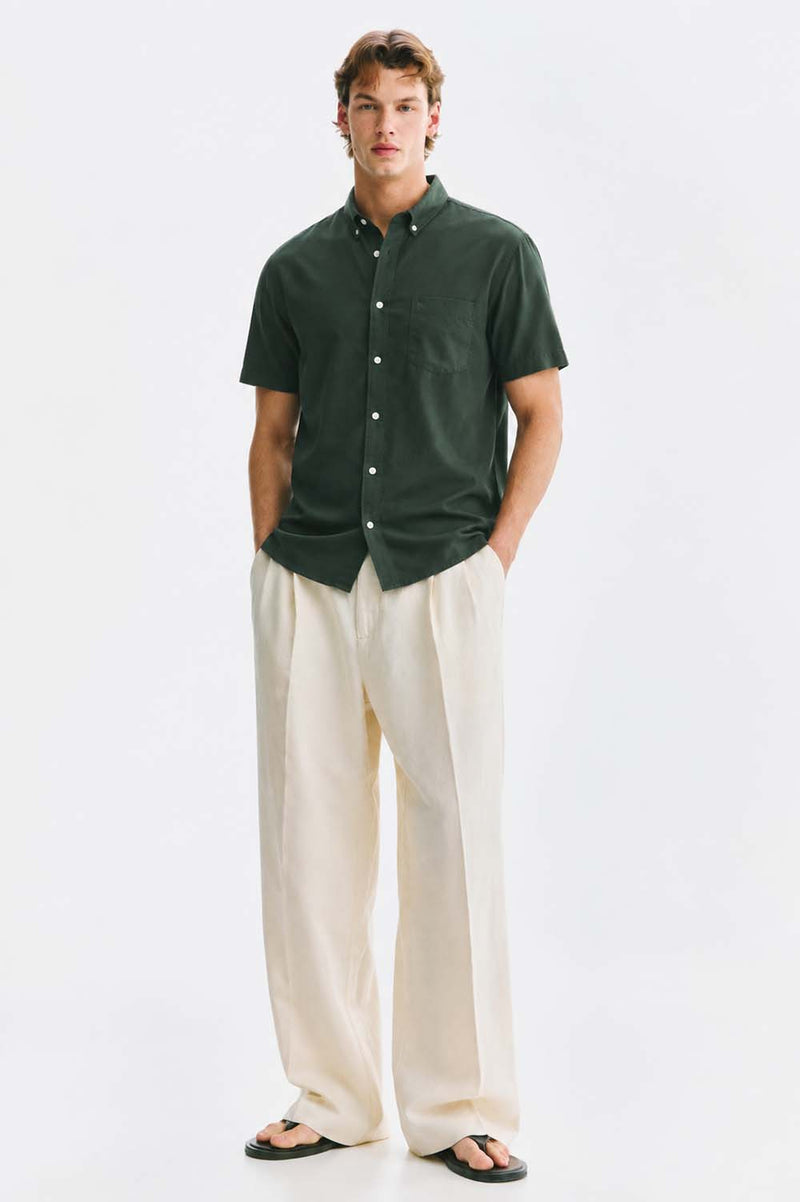 Men’s Linen-Cotton Short Sleeve Button-Down Shirt with Chest Pocket