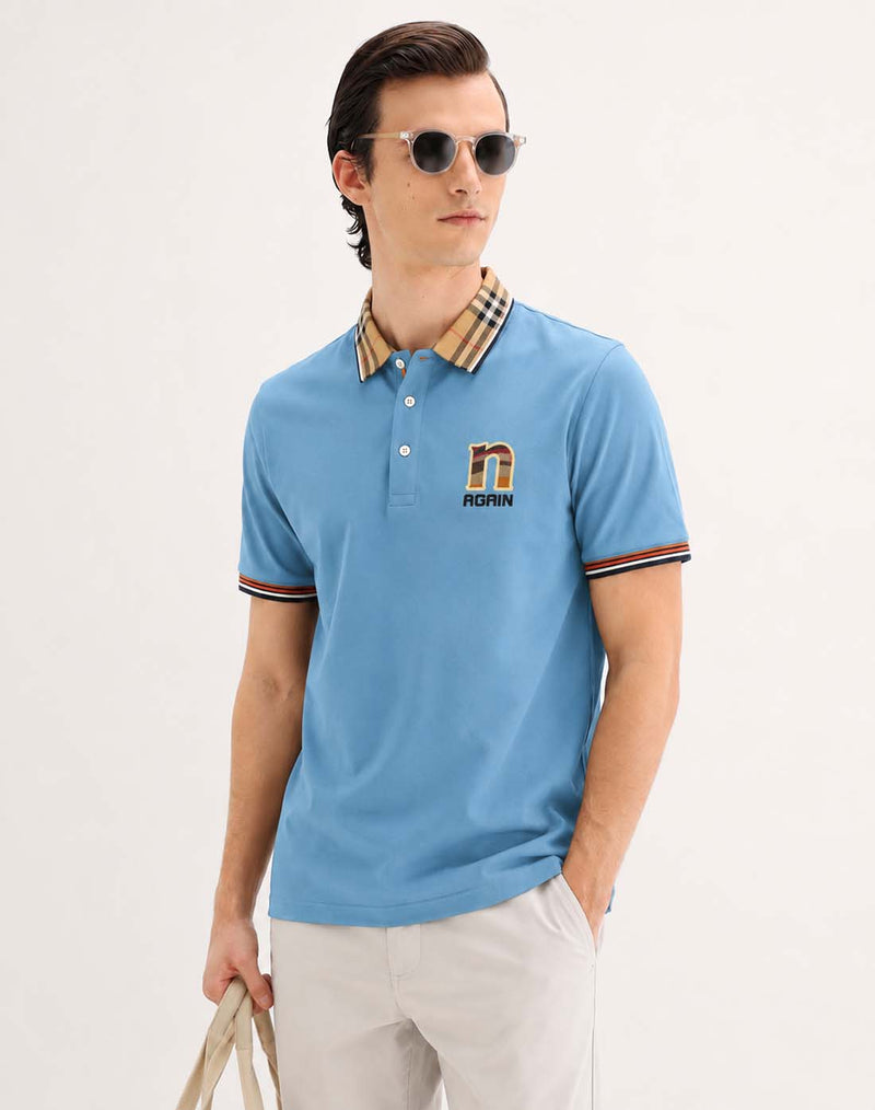 Men’s Premium Cotton Polo Shirt with Contrast Plaid Collar T-shirt