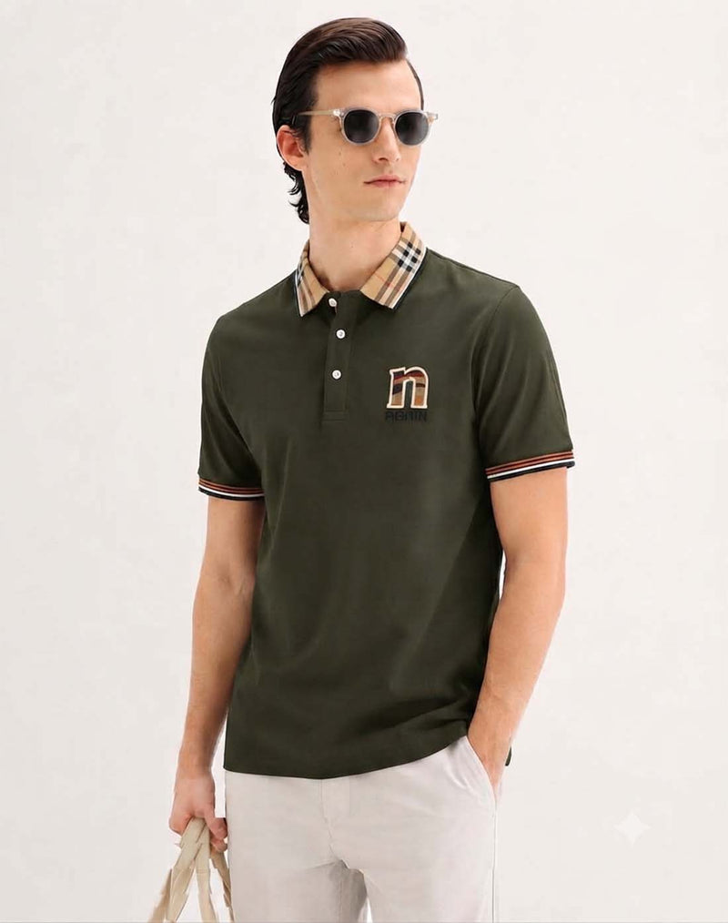 Men’s Premium Cotton Polo Shirt with Contrast Plaid Collar T-shirt