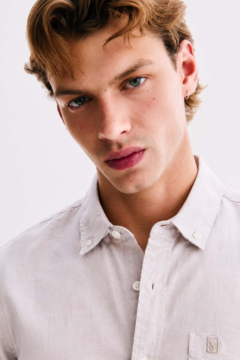 Men’s Linen-Cotton Short Sleeve Button-Down Shirt with Chest Pocket