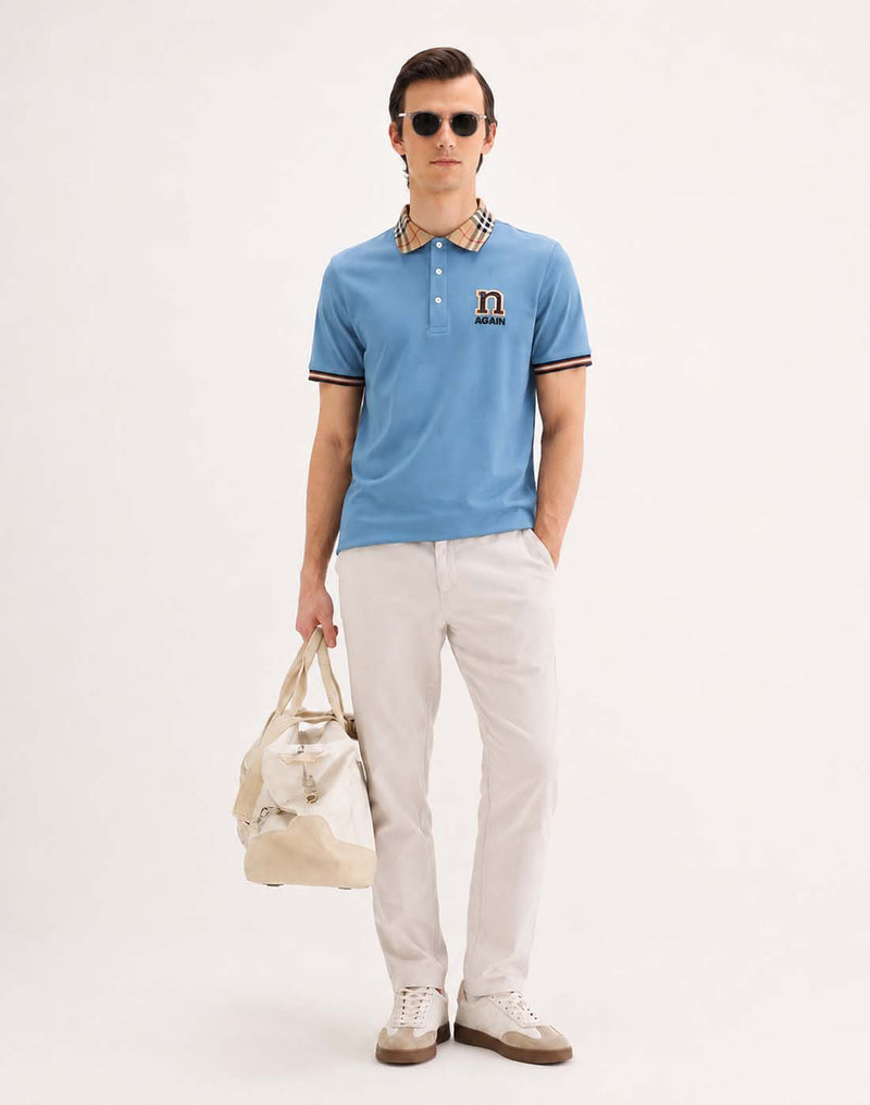 Men’s Premium Cotton Polo Shirt with Contrast Plaid Collar T-shirt