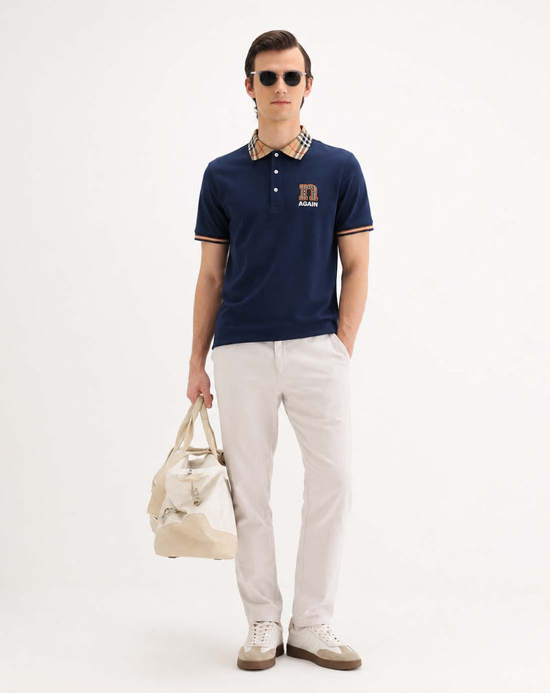 Men’s Premium Cotton Polo Shirt with Contrast Plaid Collar T-shirt