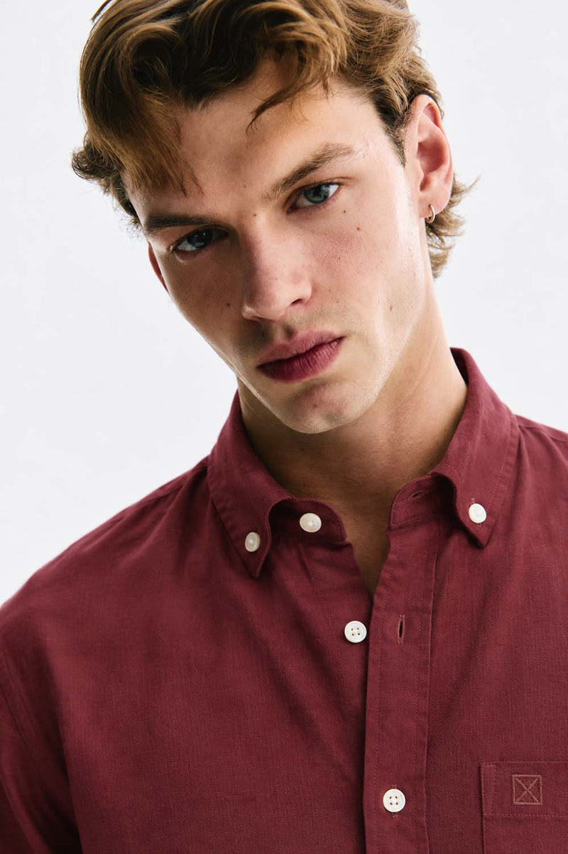 Men’s Linen-Cotton Short Sleeve Button-Down Shirt with Chest Pocket