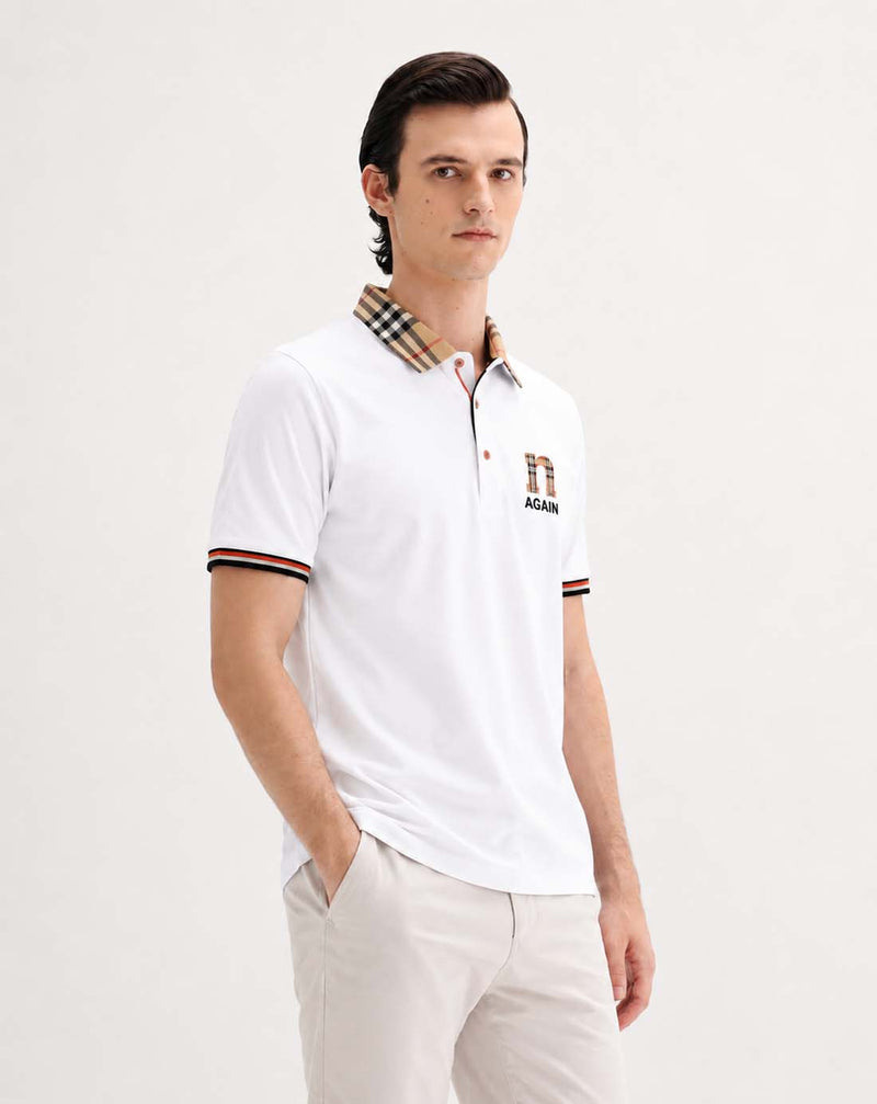 Men’s Premium Cotton Polo Shirt with Contrast Plaid Collar T-shirt