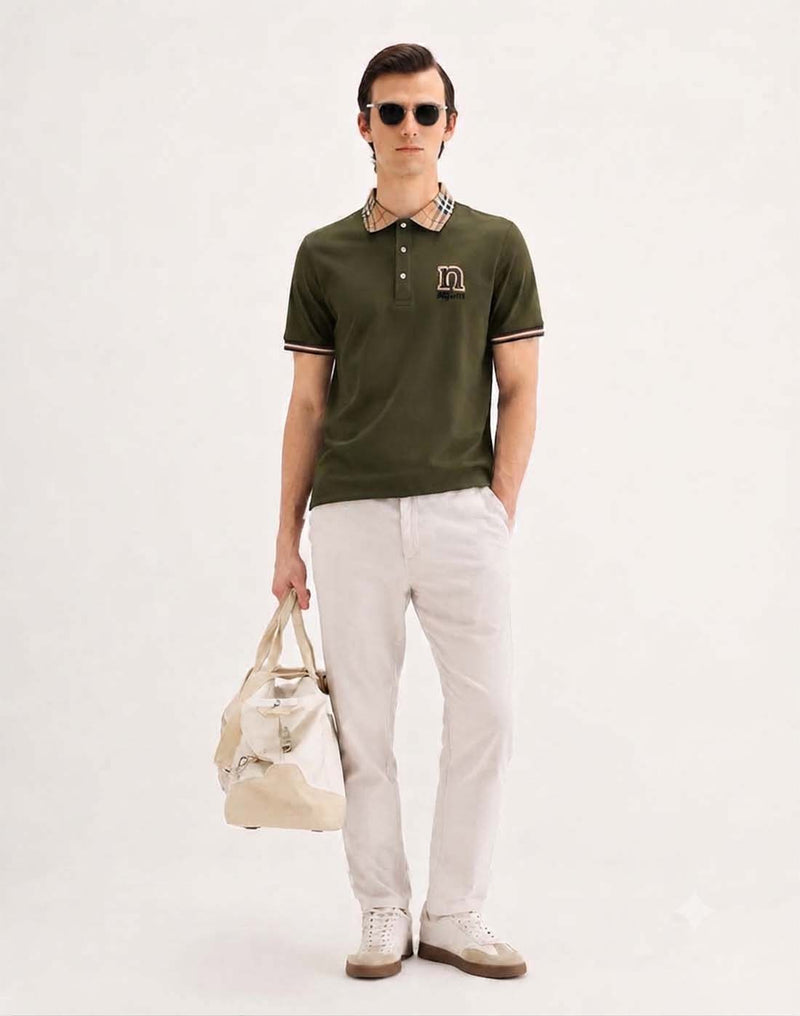 Men’s Premium Cotton Polo Shirt with Contrast Plaid Collar T-shirt
