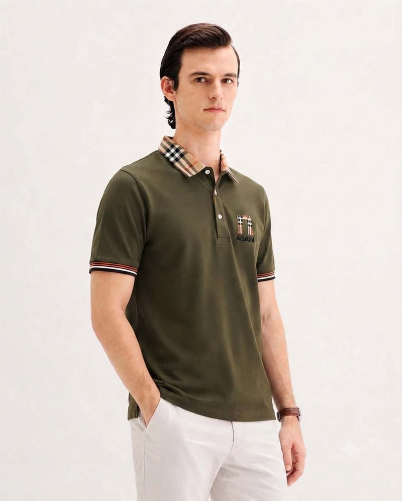 Men’s Premium Cotton Polo Shirt with Contrast Plaid Collar T-shirt