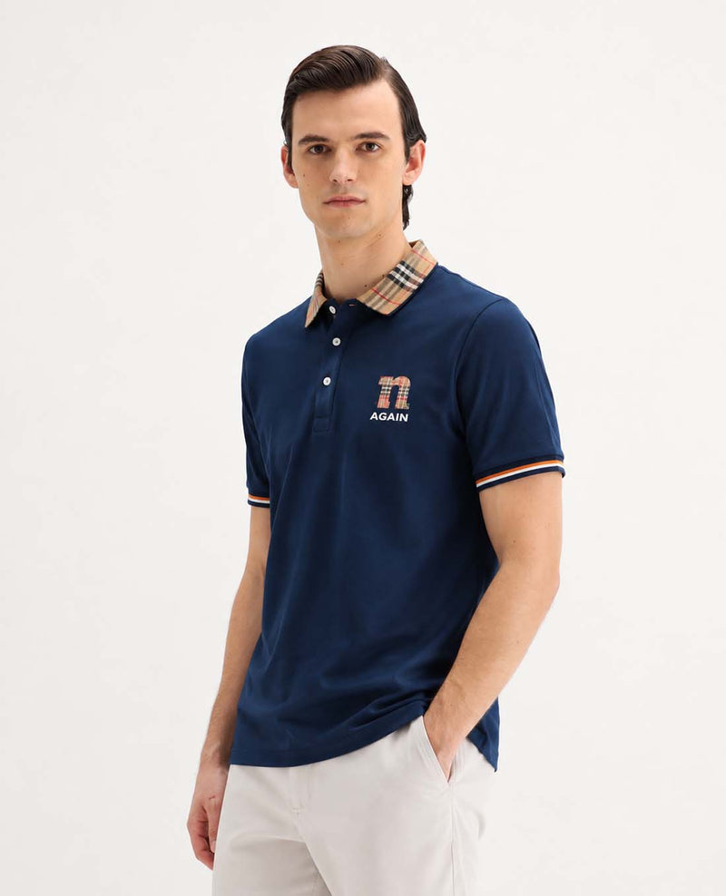 Men’s Premium Cotton Polo Shirt with Contrast Plaid Collar T-shirt