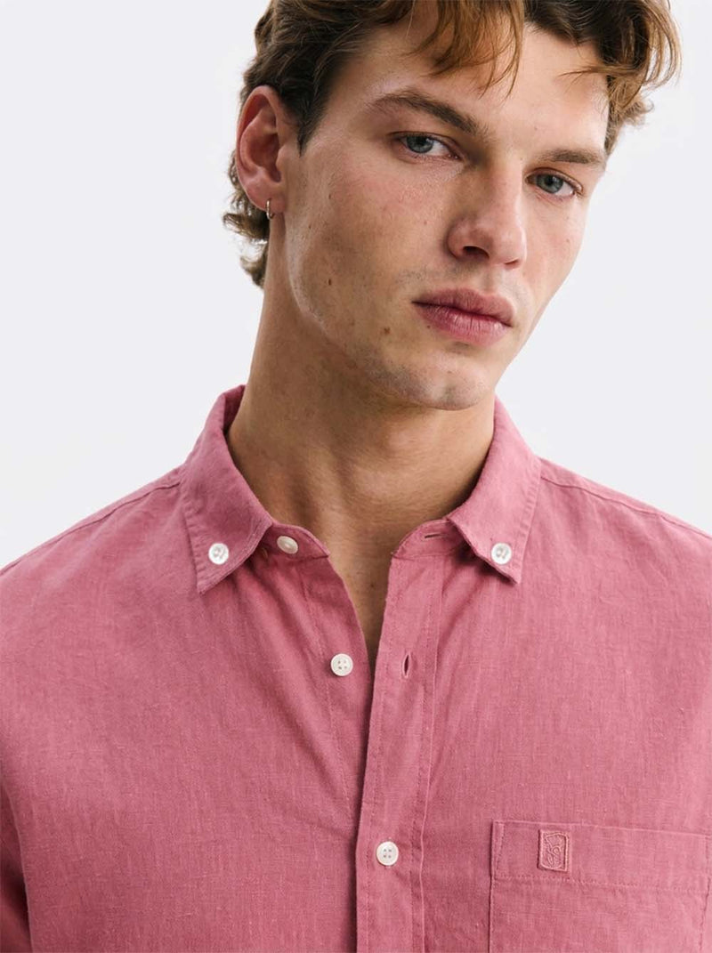 Men’s Linen-Cotton Short Sleeve Button-Down Shirt with Chest Pocket