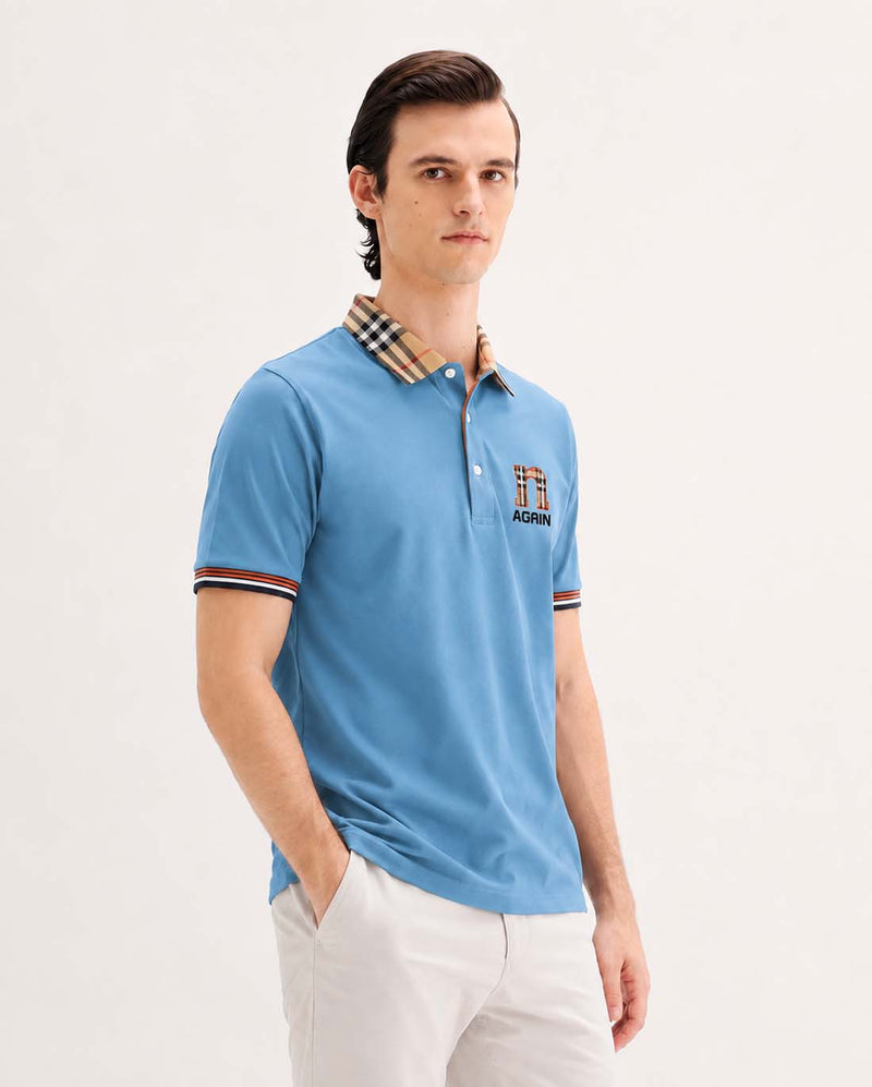 Men’s Premium Cotton Polo Shirt with Contrast Plaid Collar T-shirt