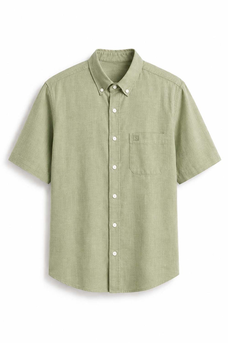 Men’s Linen-Cotton Short Sleeve Button-Down Shirt with Chest Pocket