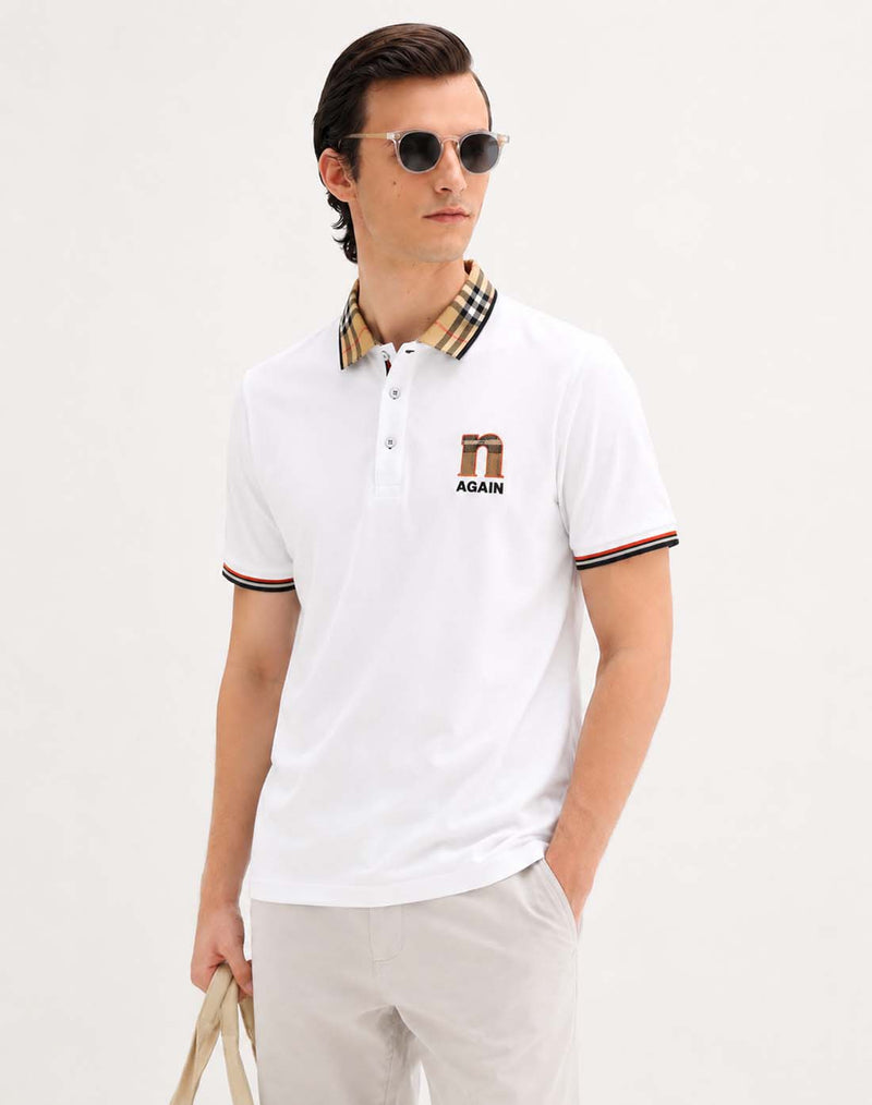 Men’s Premium Cotton Polo Shirt with Contrast Plaid Collar T-shirt