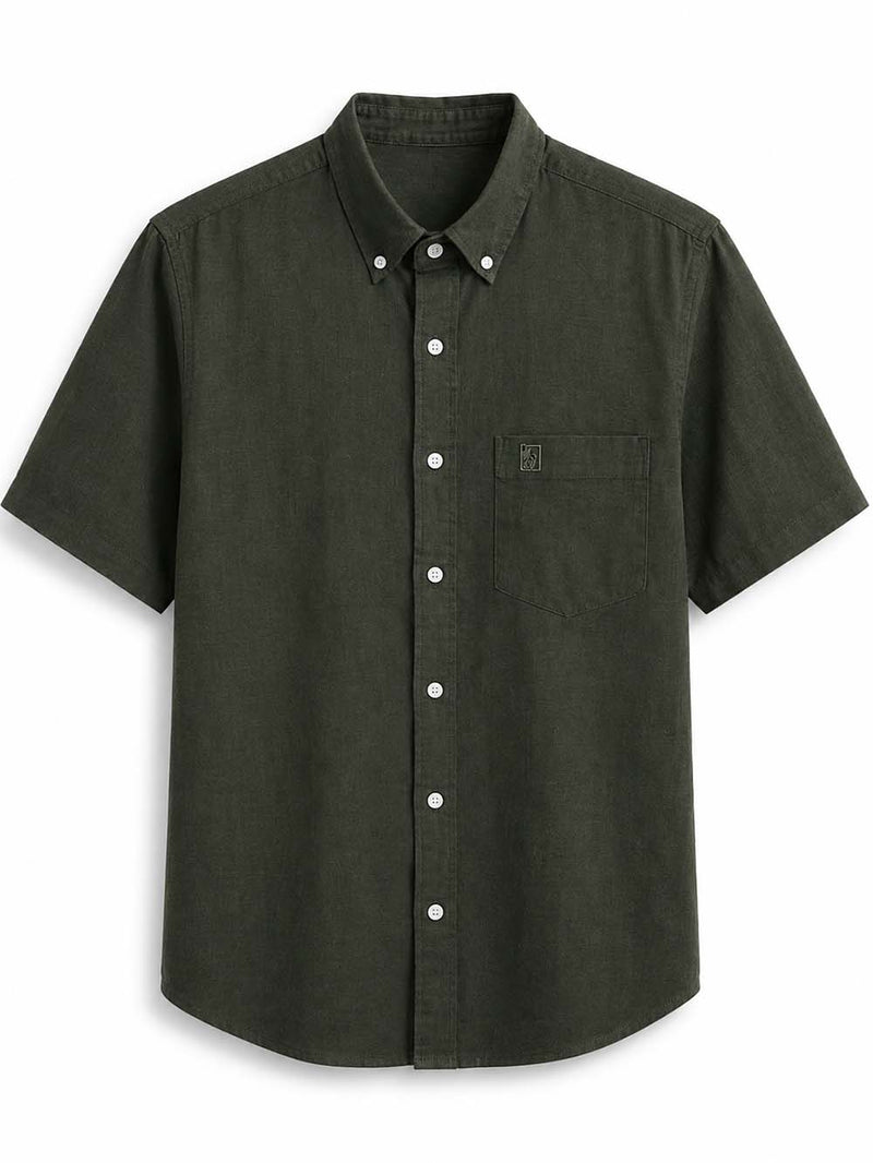 Men’s Linen-Cotton Short Sleeve Button-Down Shirt with Chest Pocket