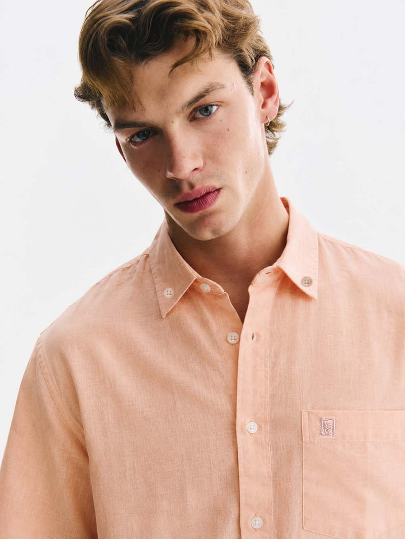 Men’s Linen-Cotton Short Sleeve Button-Down Shirt with Chest Pocket