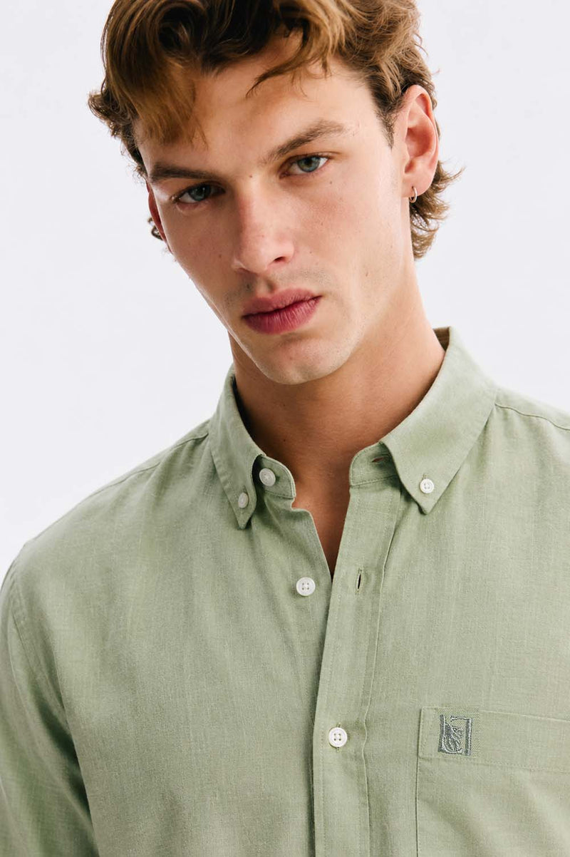 Men’s Linen-Cotton Short Sleeve Button-Down Shirt with Chest Pocket