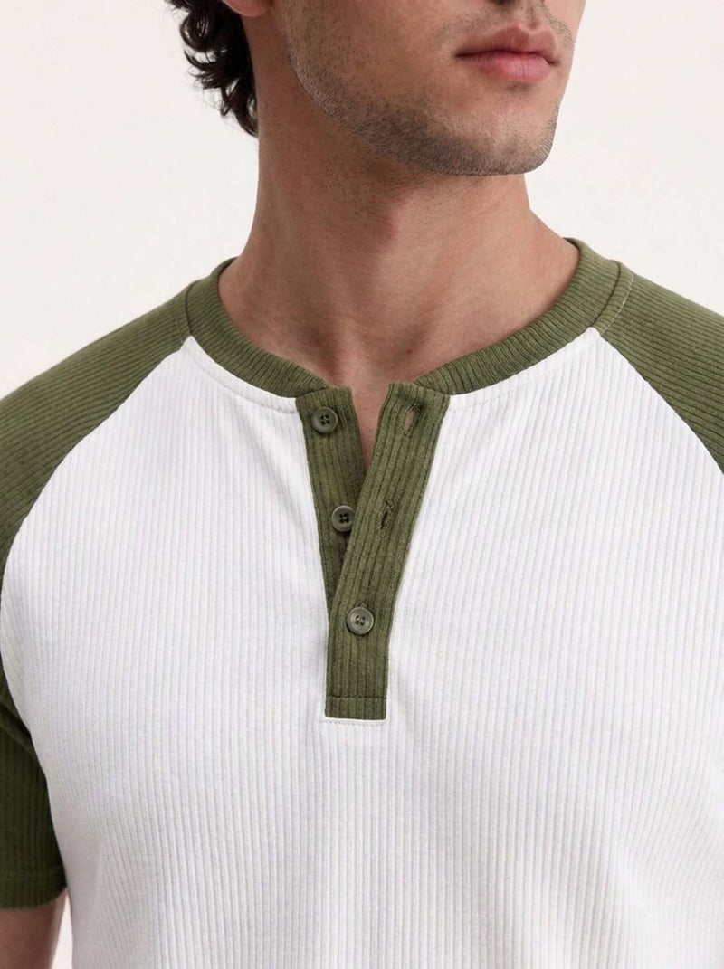 Men's Premium Ribbed Henley Neck Raglan T-Shirt