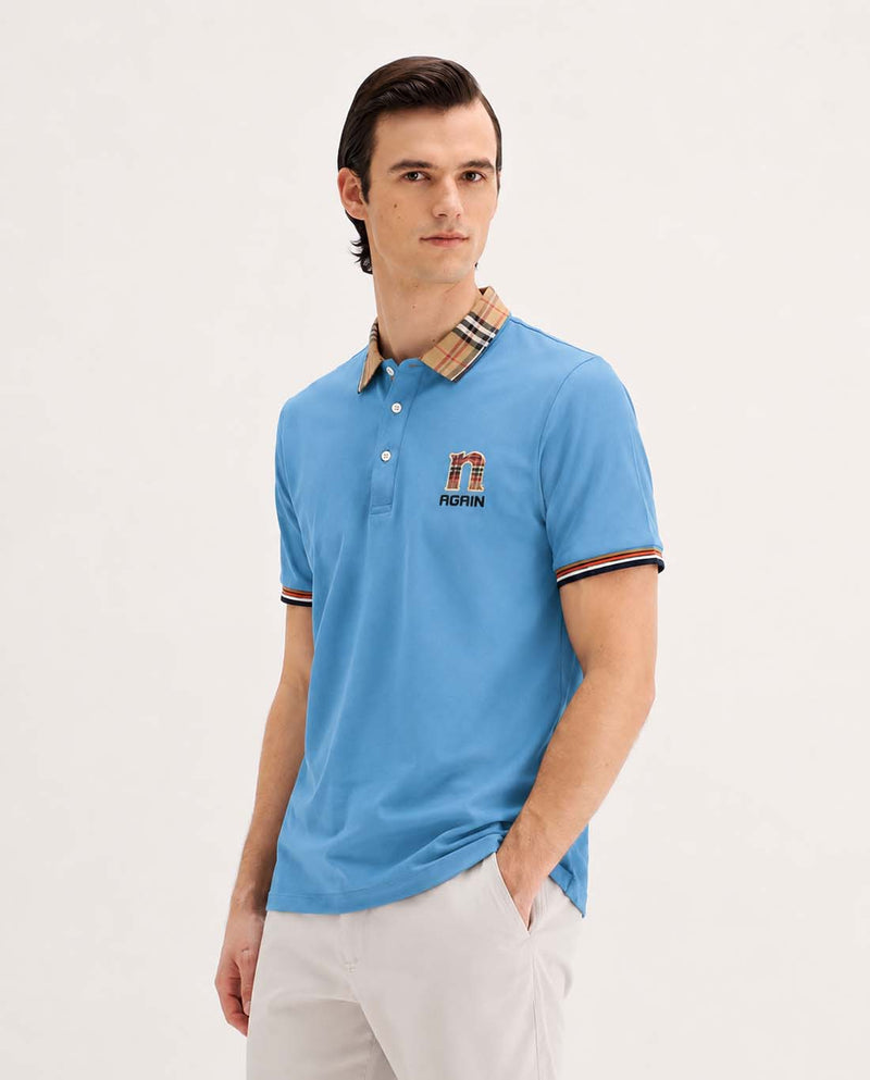 Men’s Premium Cotton Polo Shirt with Contrast Plaid Collar T-shirt