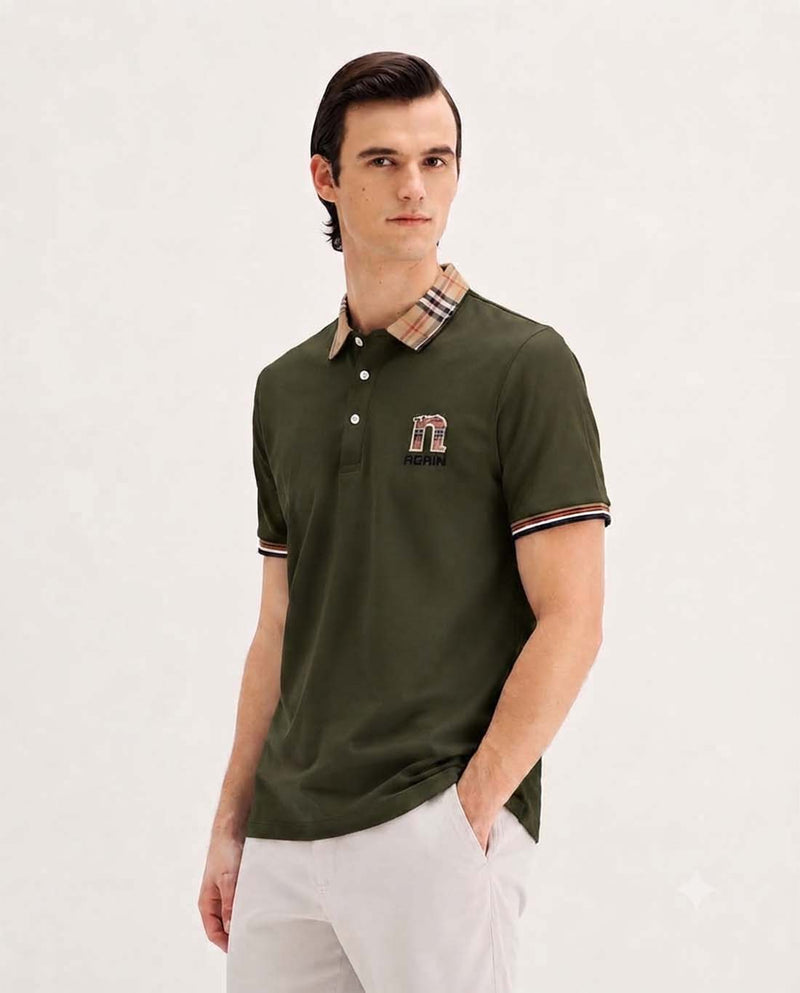 Men’s Premium Cotton Polo Shirt with Contrast Plaid Collar T-shirt
