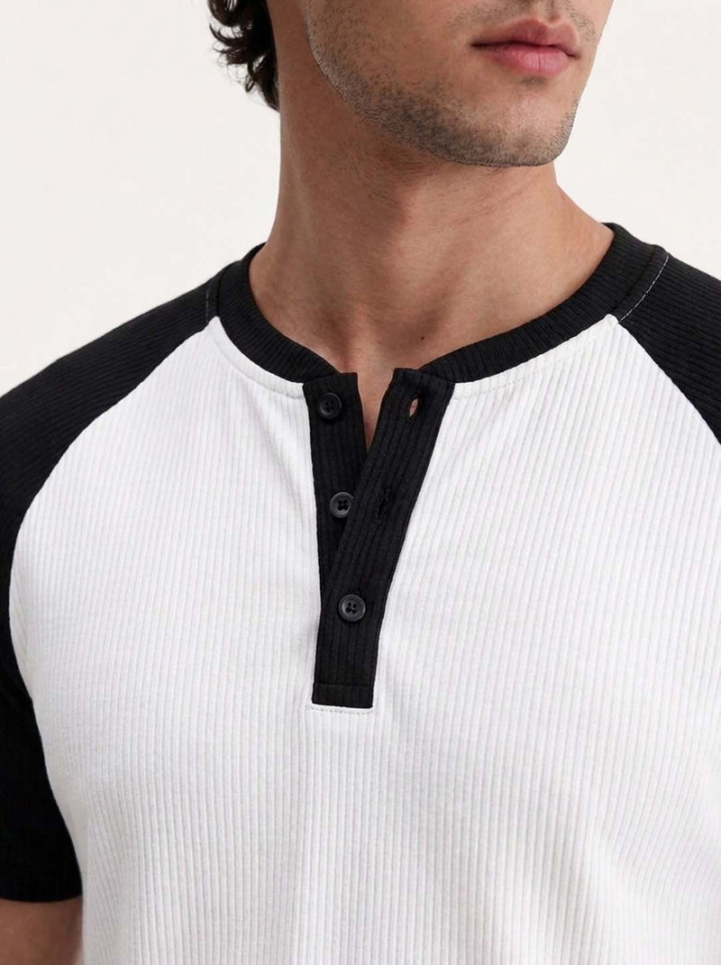 Men's Premium Ribbed Henley Neck Raglan T-Shirt