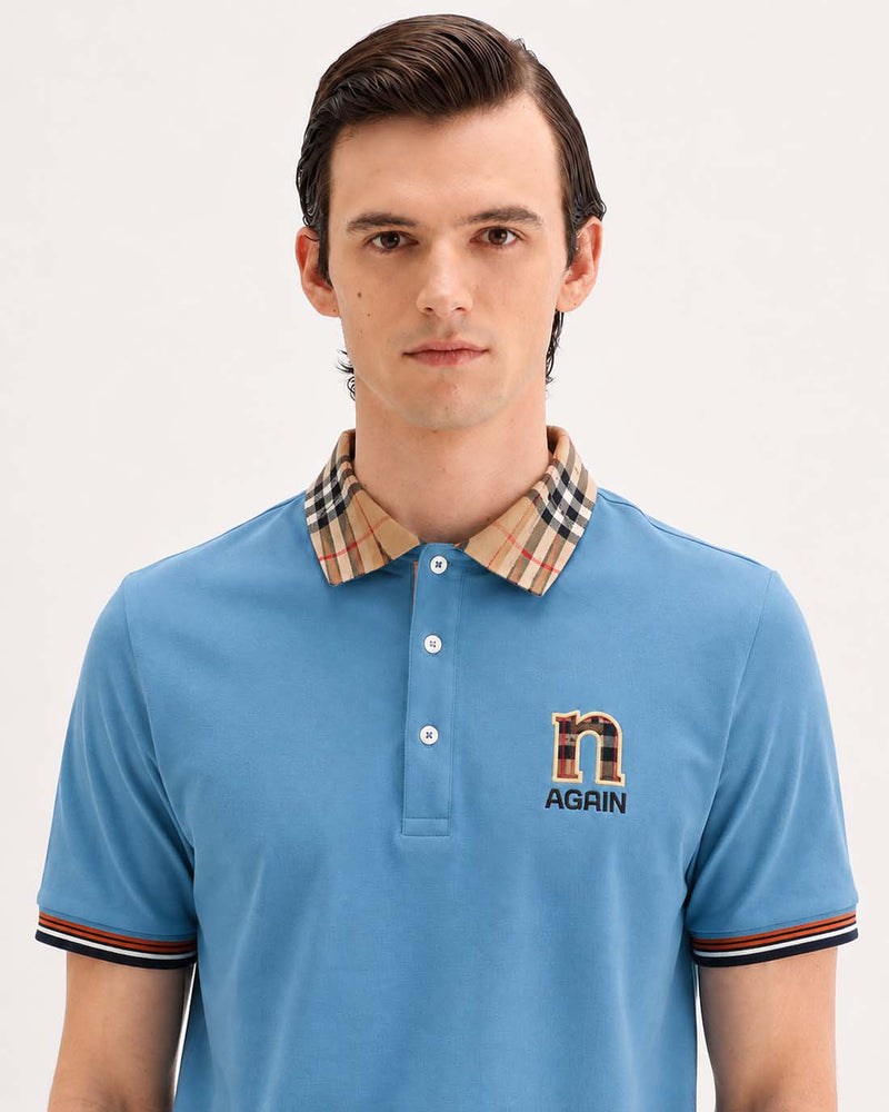 Men’s Premium Cotton Polo Shirt with Contrast Plaid Collar T-shirt