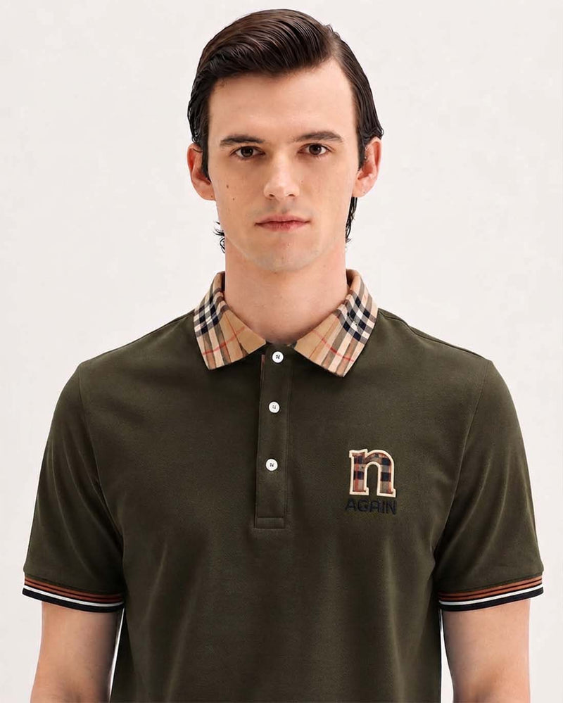 Men’s Premium Cotton Polo Shirt with Contrast Plaid Collar T-shirt