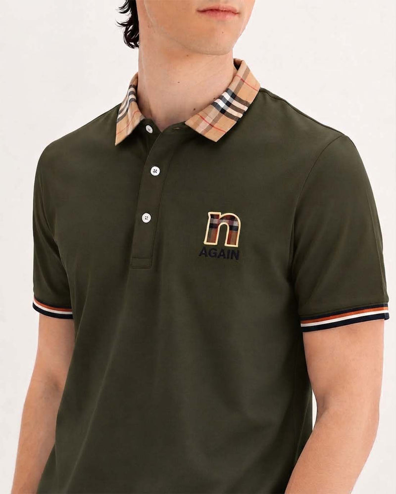 Men’s Premium Cotton Polo Shirt with Contrast Plaid Collar T-shirt