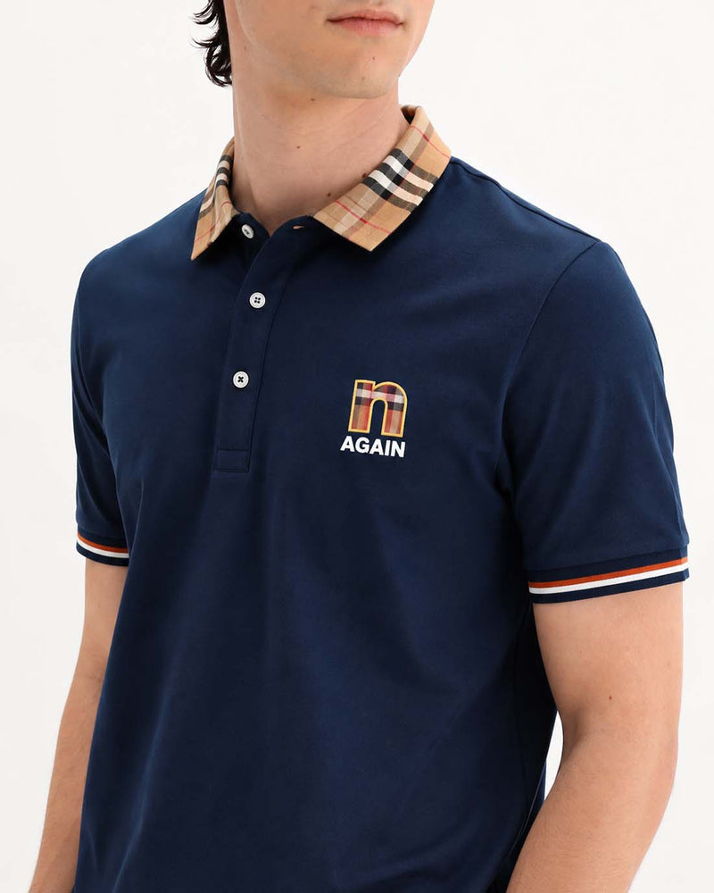 Men’s Premium Cotton Polo Shirt with Contrast Plaid Collar T-shirt