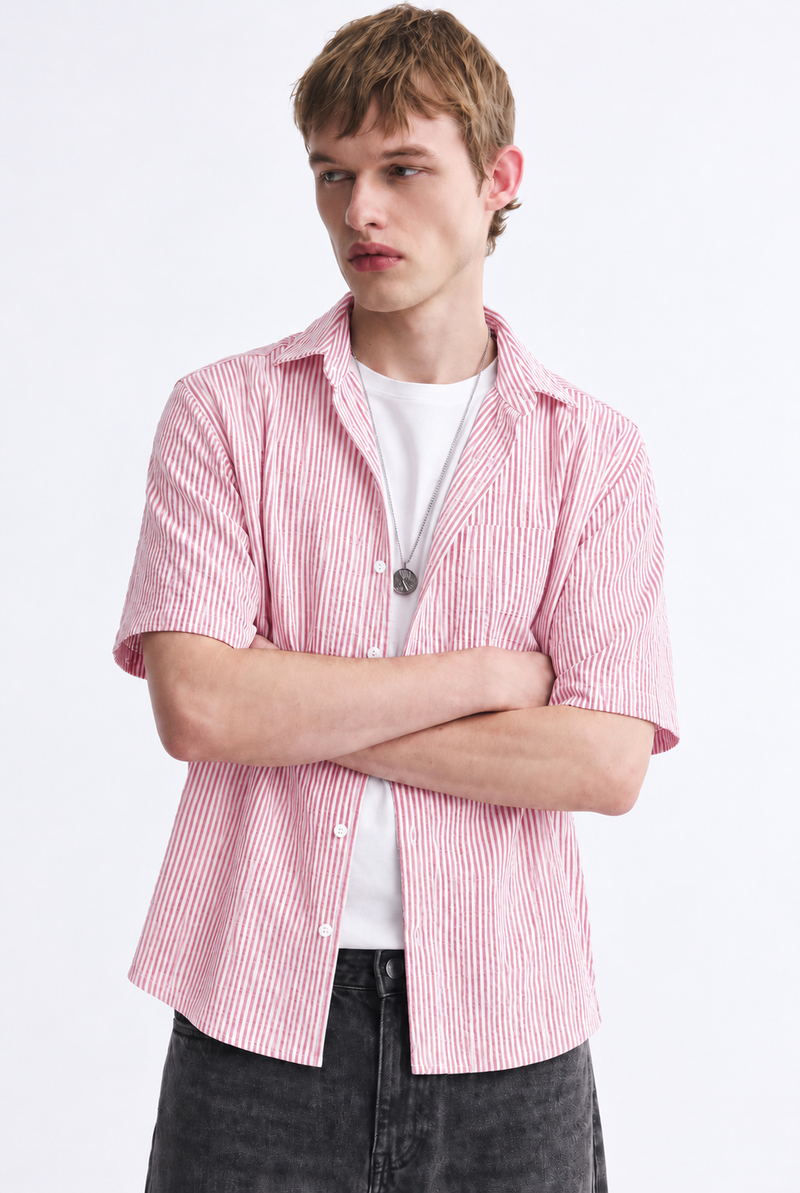 Men's Premium Striped Textured Short-Sleeve Shirt