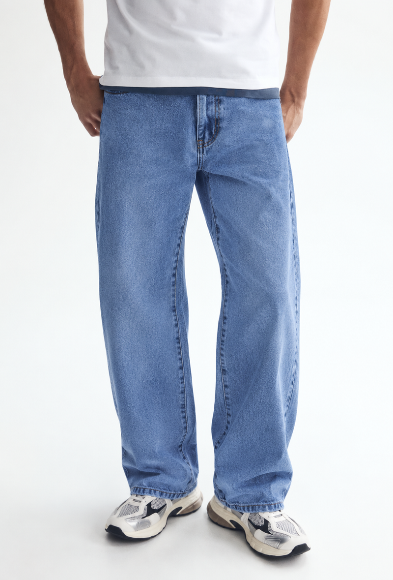 Men's Premium Mid-Wash Baggy Wide-Leg Denim Jeans
