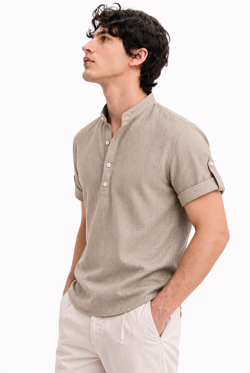 Men's Premium Textured Linen-Blend Mandarin Collar Henley Shirt