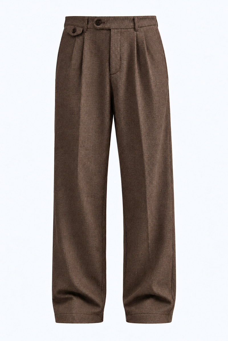 Men’s Premium Herringbone Pleated Wide-Leg Trousers