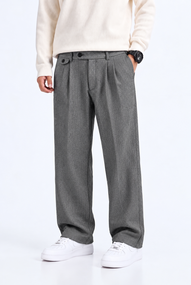 Men’s Premium Herringbone Pleated Wide-Leg Trousers